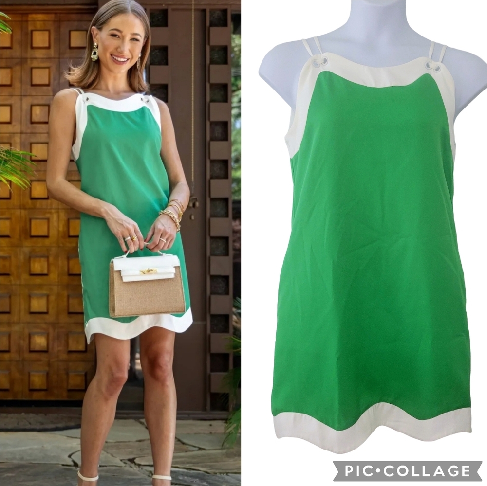 Aureum Kelly Green White Mini Dress Size M Wavy Hem Preppy Spring Chic Sleek